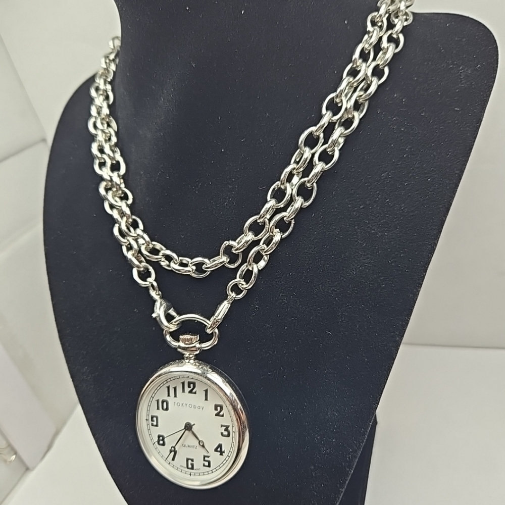 TOKYObay Pocket Watch Silver Tone New Battery Jeans Pants Suit Chain Necklace - Picture 2 of 12